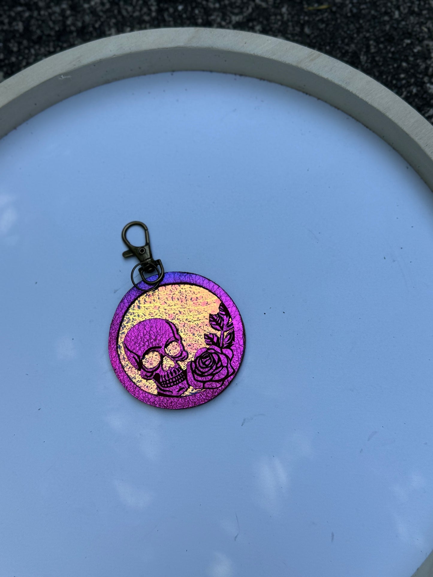 Floral Skull Leather Purse Charm
