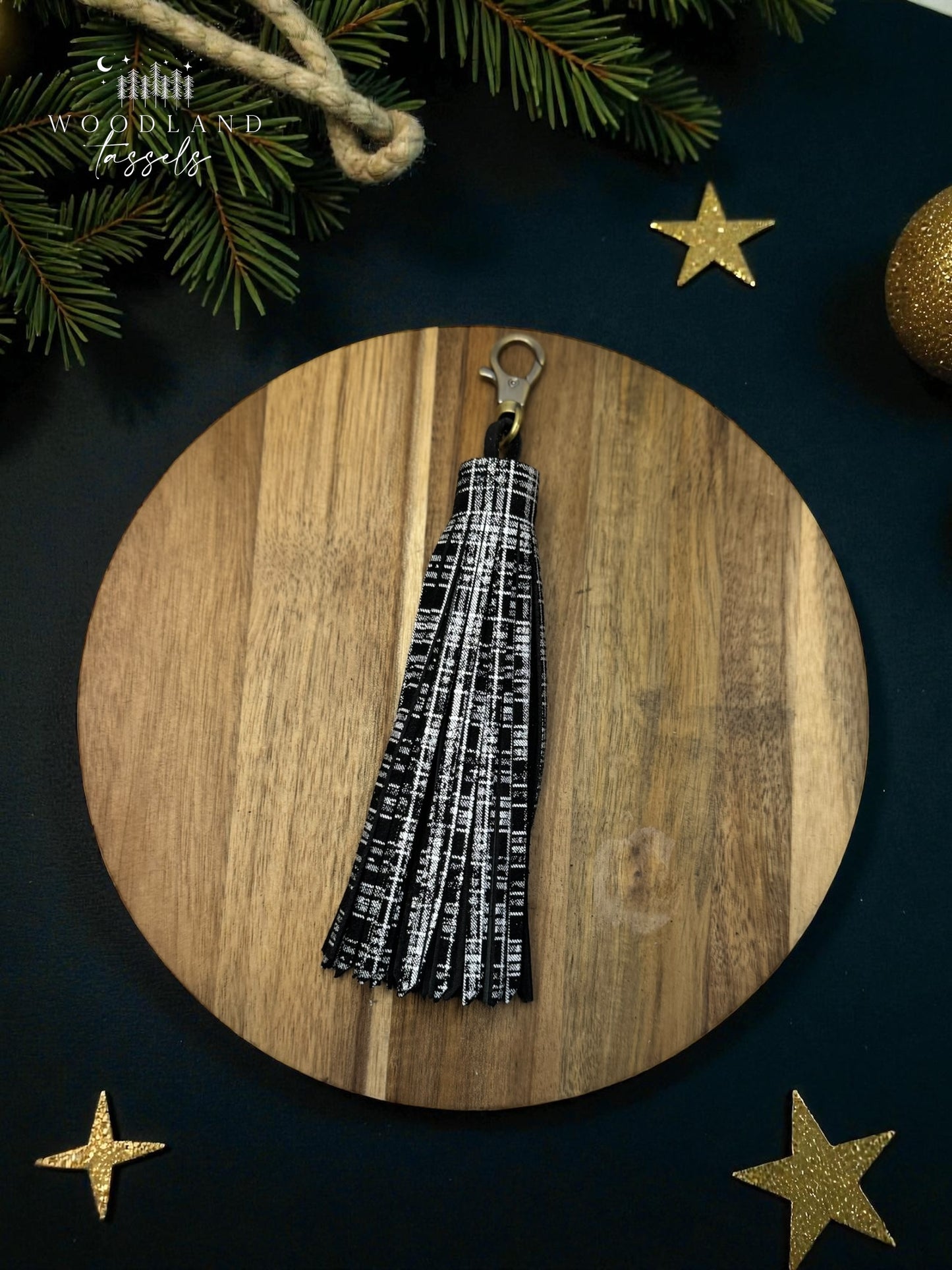 Black Plaid Leather Tassel