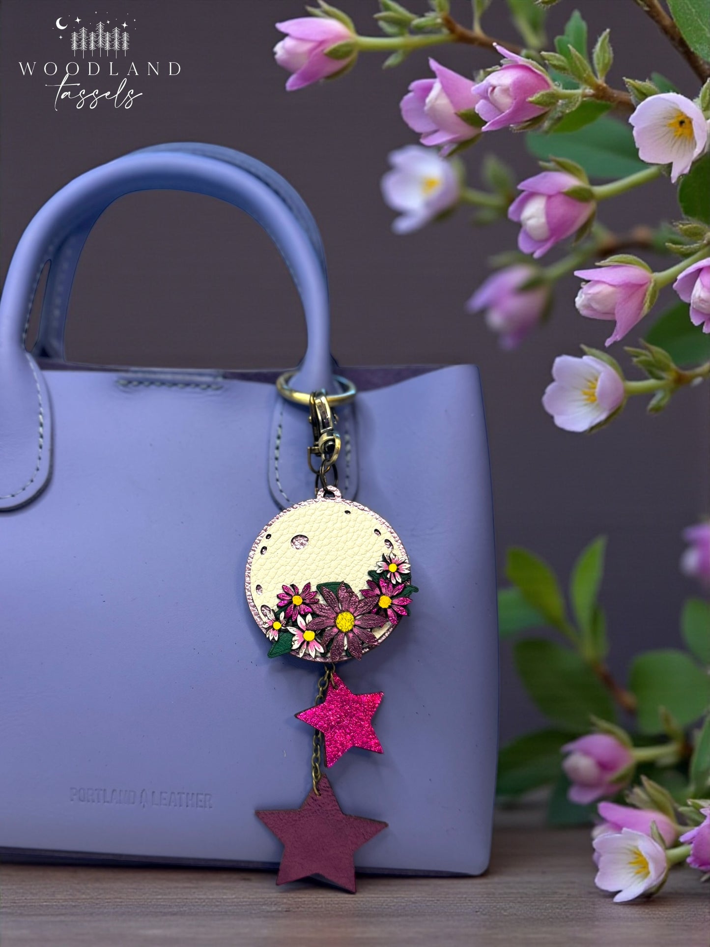 Moon Flower Leather Bag Charm