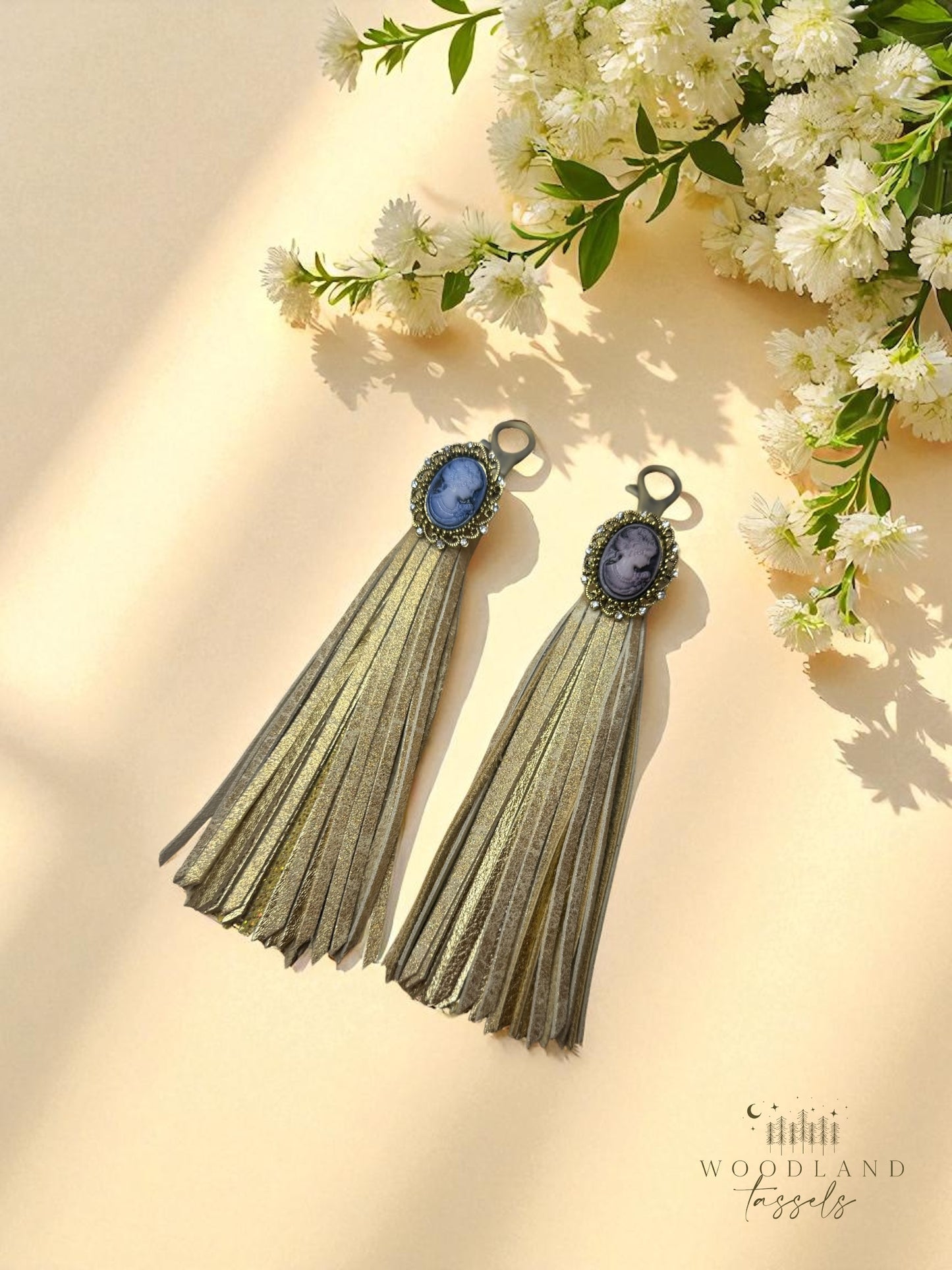 Cameo Leather Tassel Purse Charm