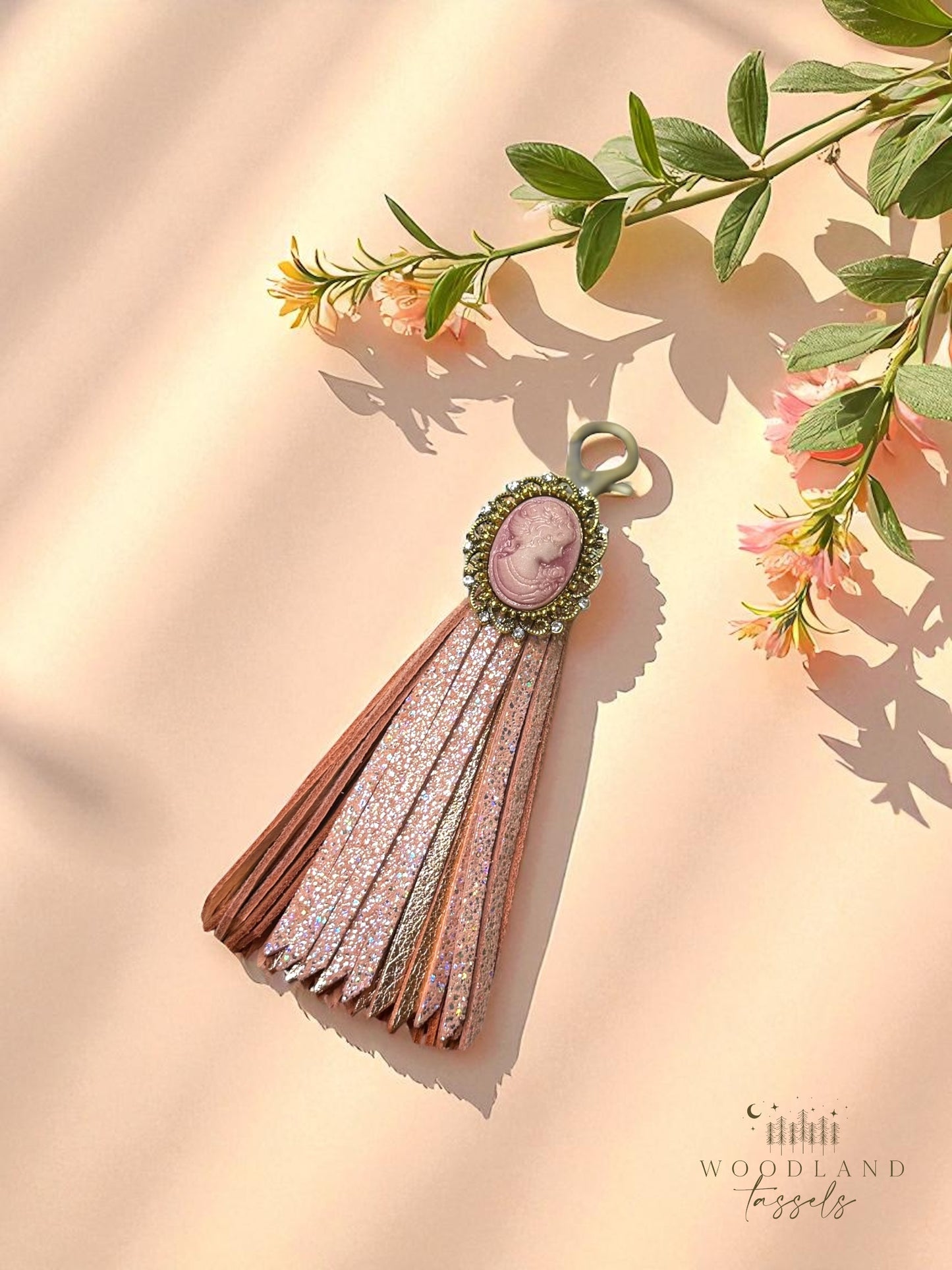 Cameo Leather Tassel Purse Charm