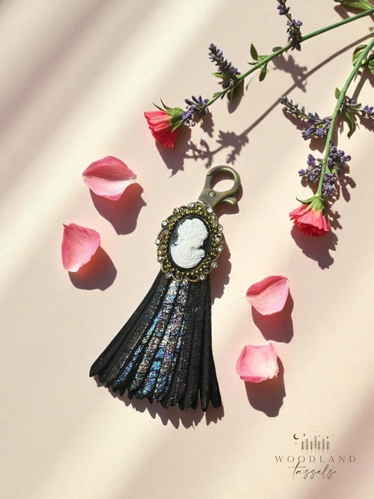 Cameo Leather Tassel Purse Charm
