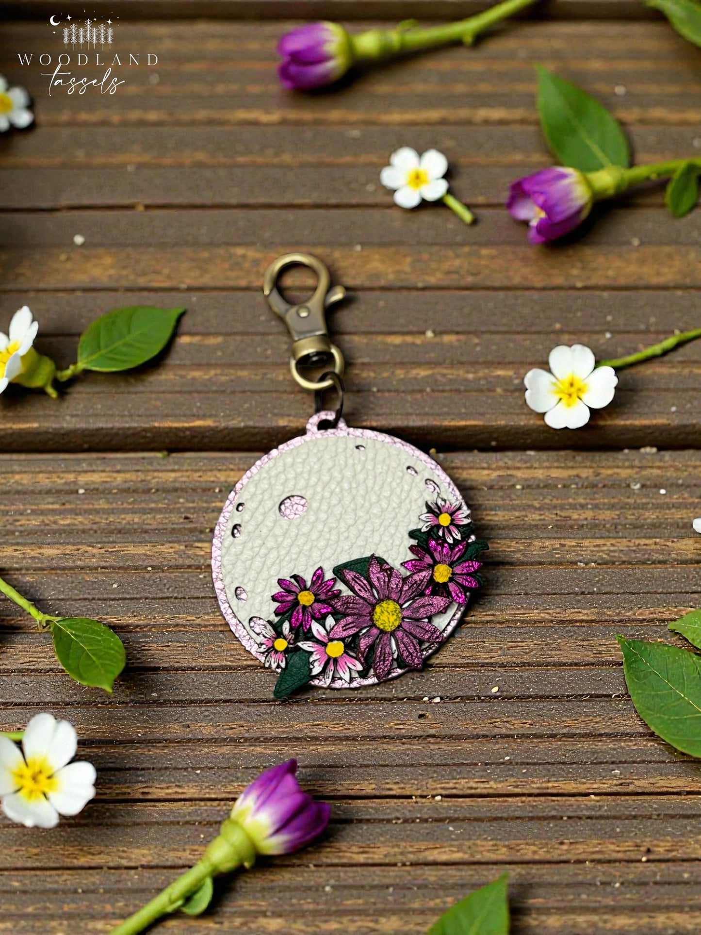 Moon Flower Leather Bag Charm