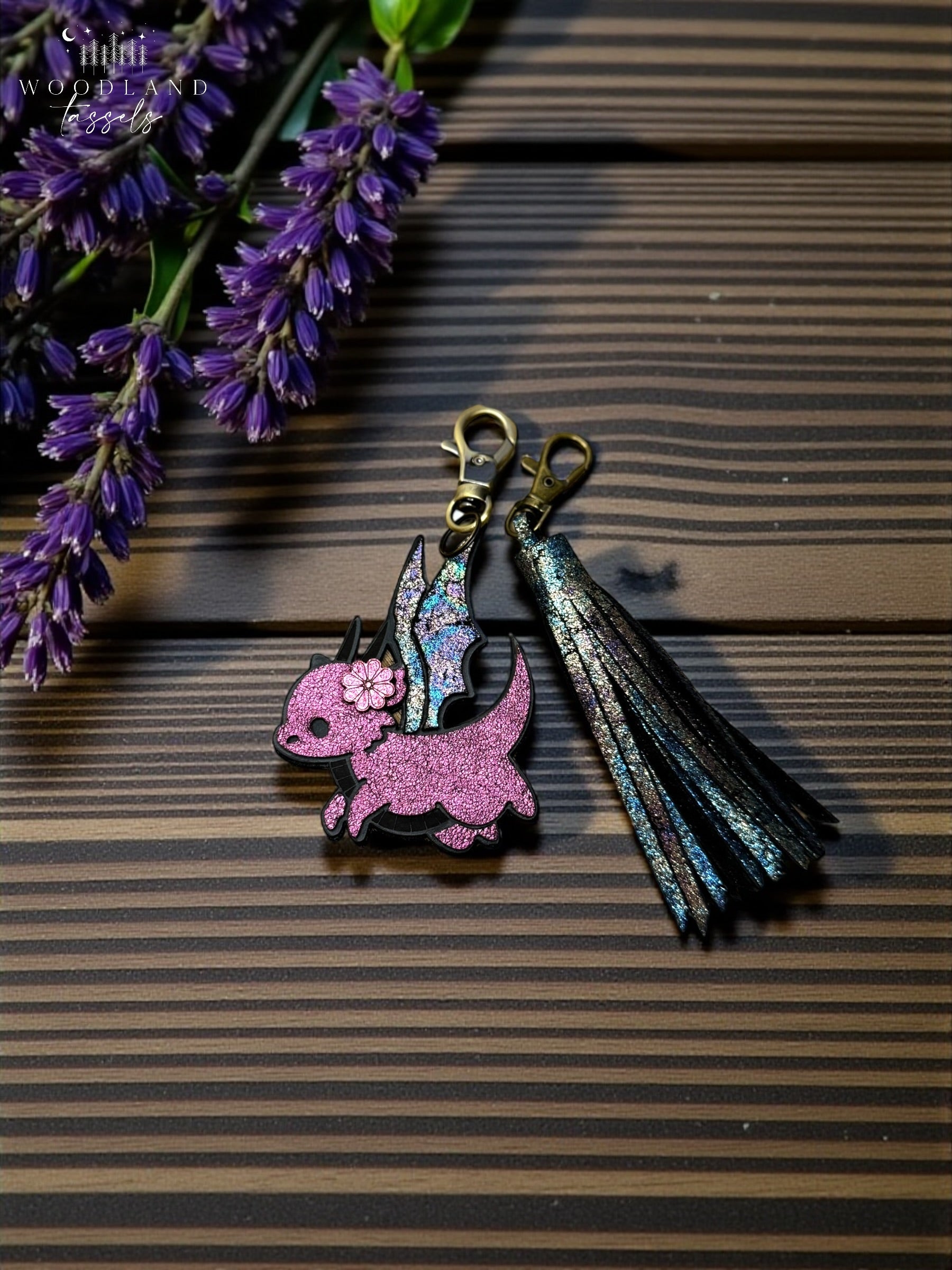 Purple leather dragon bag charm 