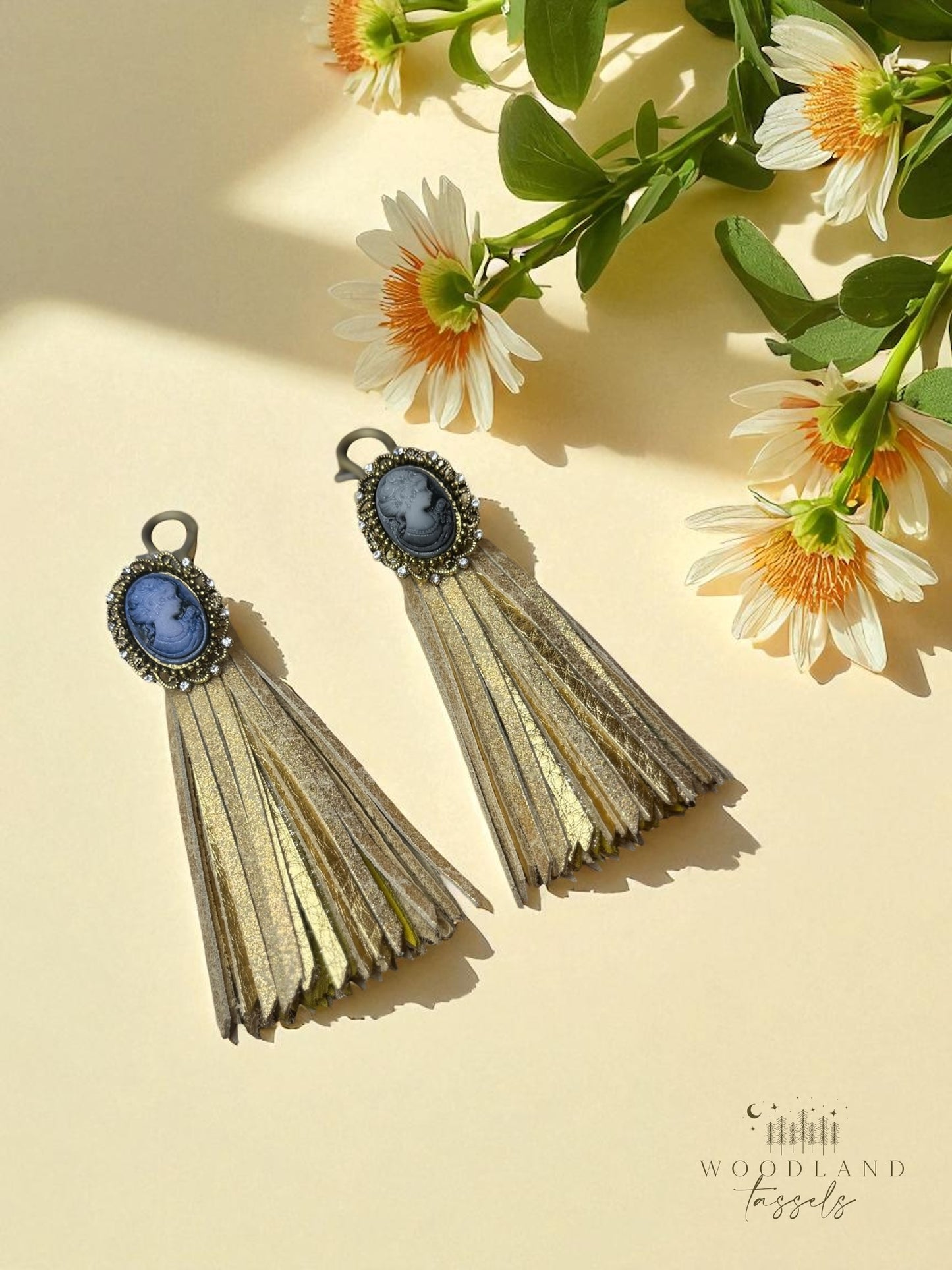 Cameo Leather Tassel Purse Charm