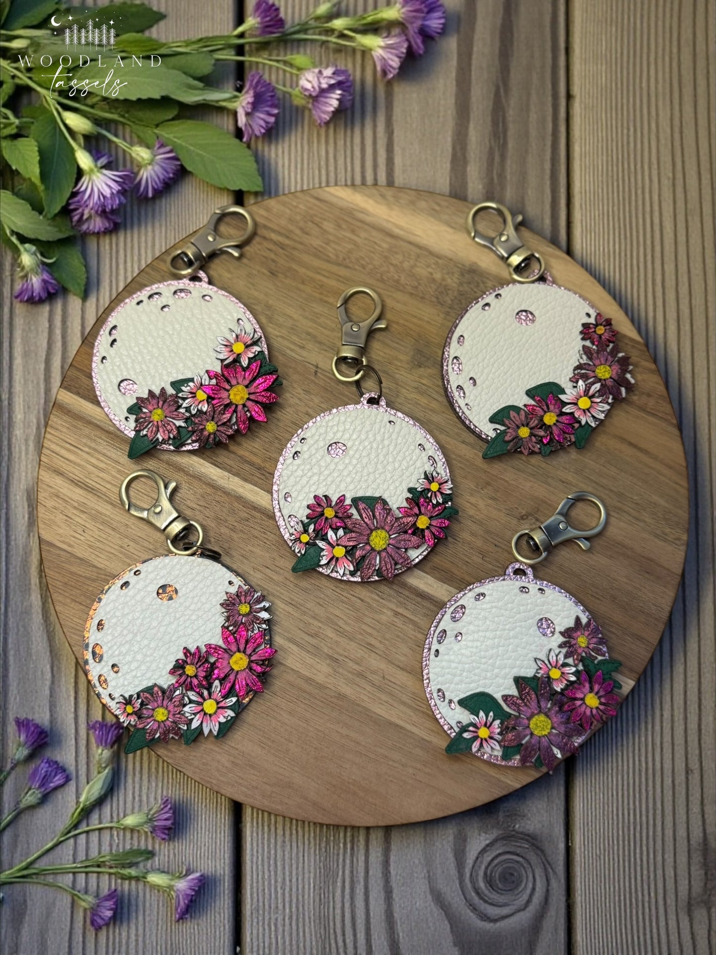 Moon Flower Leather Bag Charm