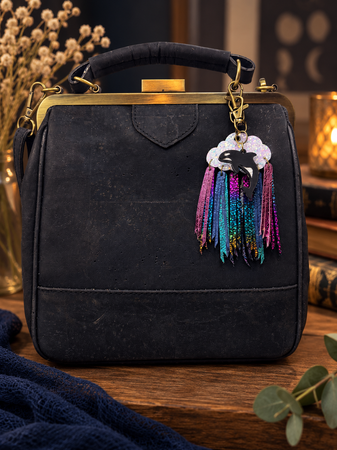Cloudburst Rainstorm Leather Bag Charm: Midnight Special- FREE Woodland Mini Charm