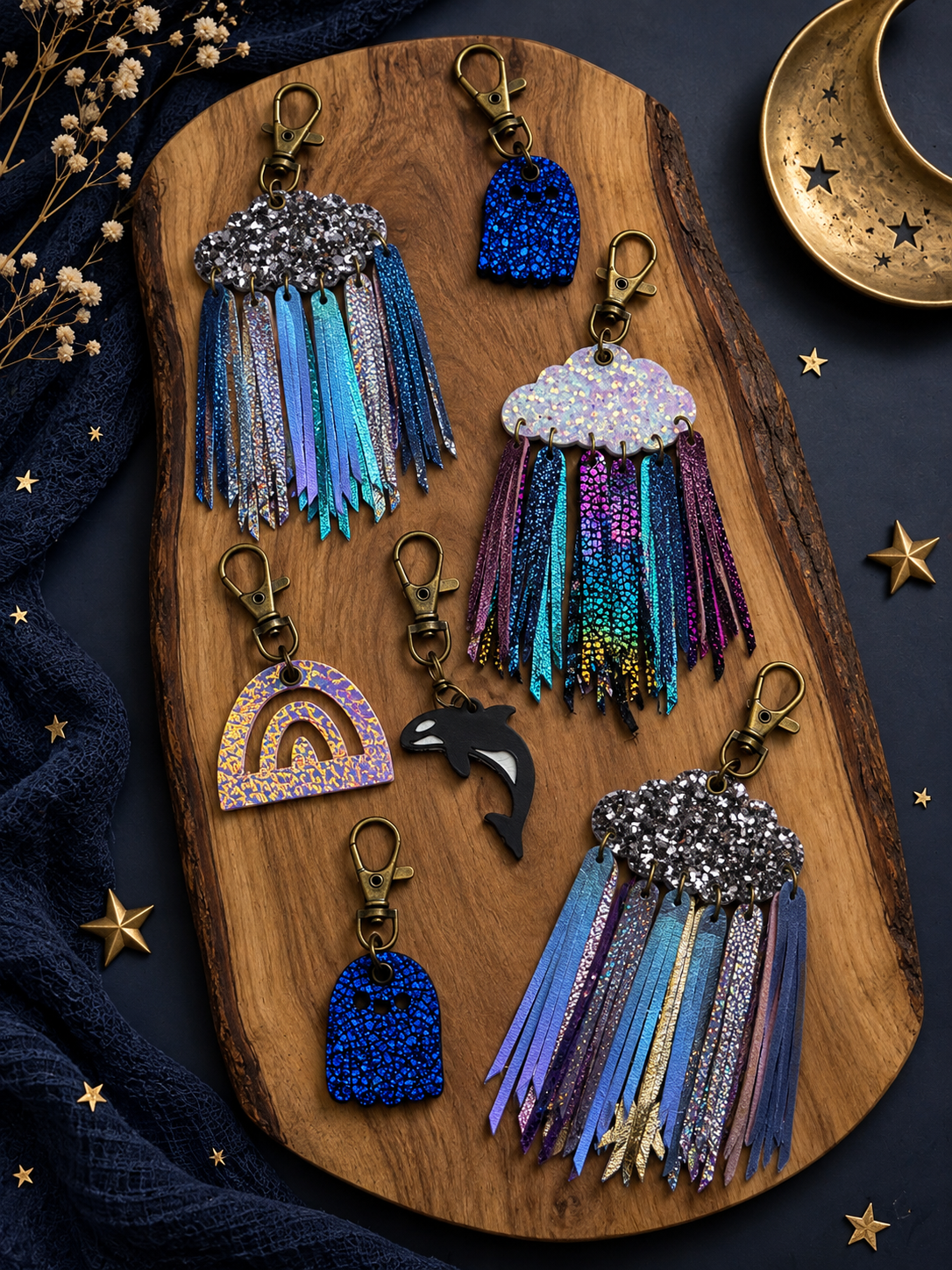 Cloudburst Rainstorm Leather Bag Charm: Midnight Special- FREE Woodland Mini Charm